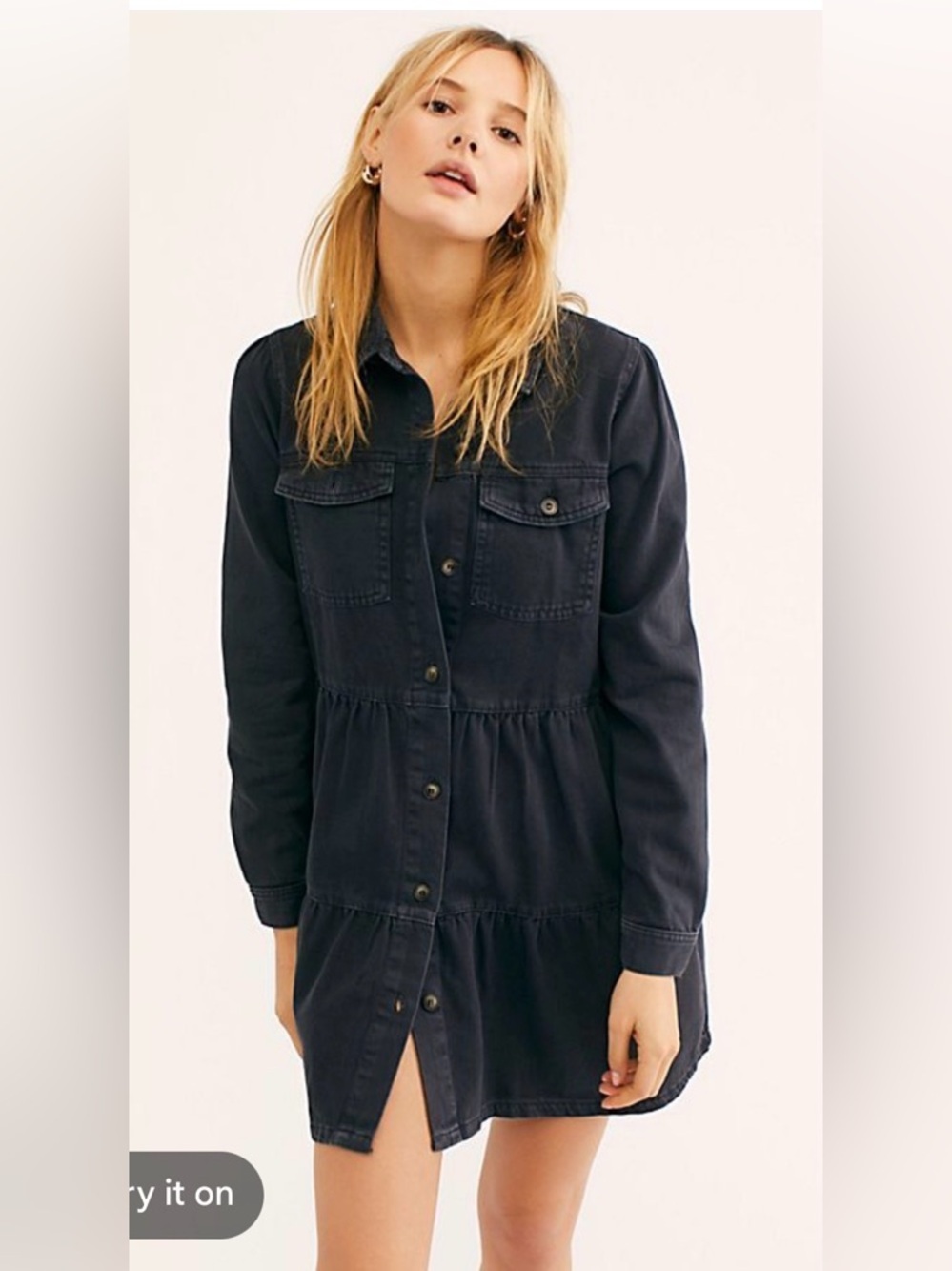 Free People Nicole denim shirt dress mini tired black sz M